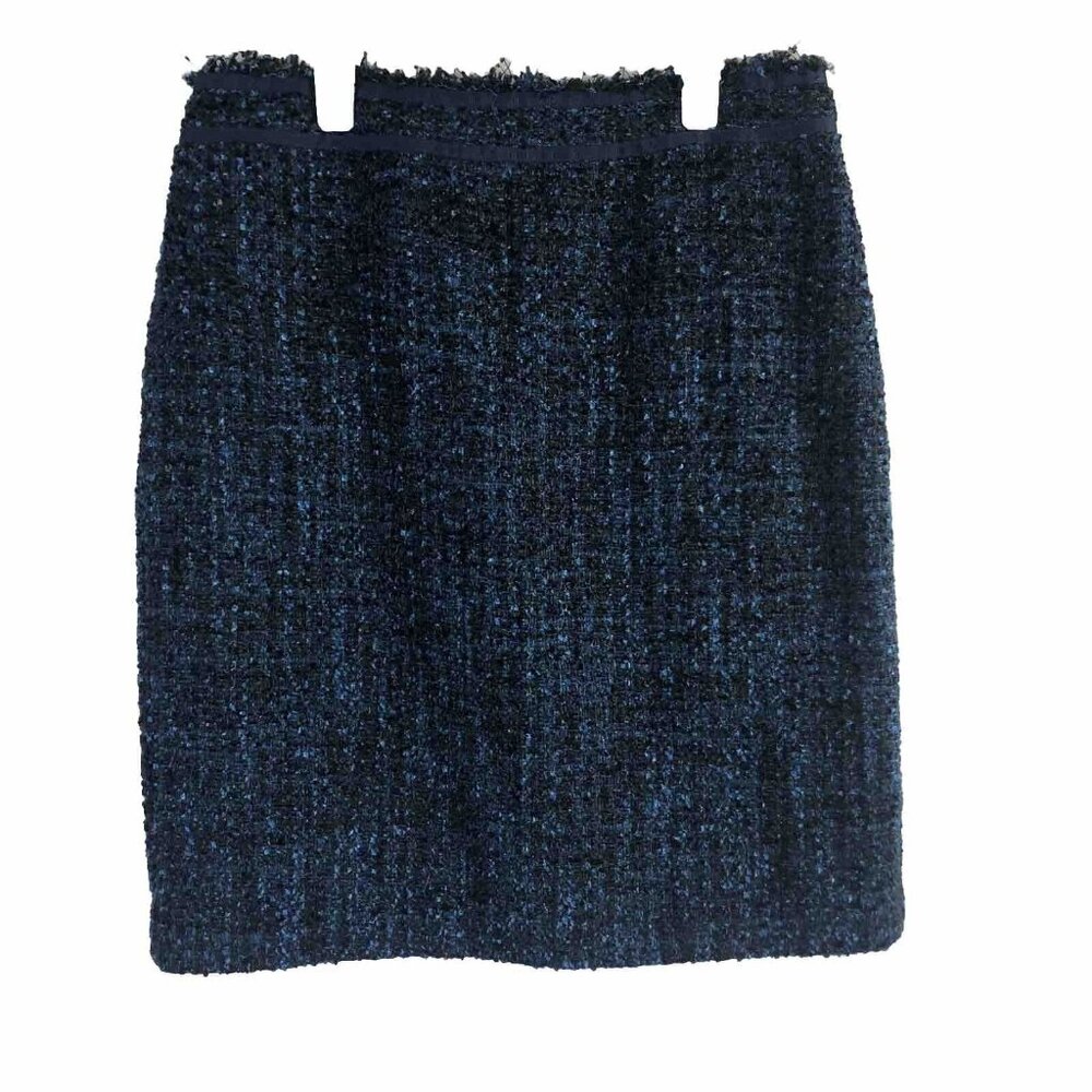 J. McLaughlin Tweed Pencil Skirt Blue Black Fringe High Waist Womens Size 8